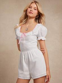 WESTFADE 100% 纯棉花卉孔眼撞色蝴蝶结前短款泡泡袖休闲连体衣夏季西部乡村牛仔女郎纳什维尔音乐会早午餐装波西米亚海滩度假 - 白色 - 查看 4