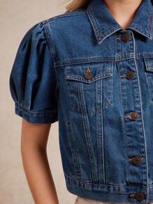 WESTFADE Collared Button Front Short Puff Sleeve Cotton Blend Denim Trucker Jacket Boho Vacation - Dark Wash - View 3