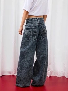 COUREZ 低腰超宽松水洗牛仔裤，后袋饰有蝴蝶结 / Y2K 低腰牛仔裤 秋季女装 秋季外出穿搭 低腰牛仔裤 - 藍色 - 查看 7