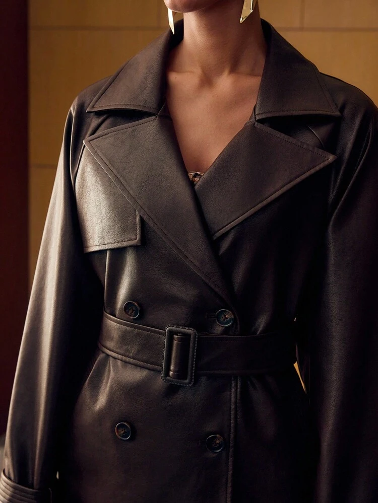 BROWN RETRO PU LEATHER DOUBLE BREASTED TRENCH COAT