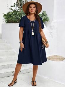 EMERY ROSE 加大码夏季度假简约纯色V领荷叶边袖连衣裙，女士夏装