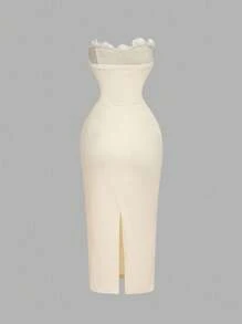 SHEIN MOD 女士红色 3D 花卉褶饰紧身抹胸中长连衣裙，秋季婚礼宾客礼服，返校节新年礼服，情人节礼服 - 杏色 - 查看 2