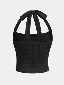 Tween Girls Casual Everyday Cute Solid Color Halter Knit Top - Black - View 2