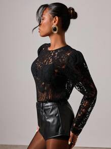 COSMINA 女士时尚性感透明蕾丝泡泡袖衬衫 - 黑色 - 查看 4