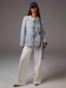 Athîral Women's Ditsy Floral Front Tie Long Sleeve Loose Winter Jacket ,Quilted Jacket Baby Blue Jacket ,Winter Women Outfits ,Daily,Casual Woman - Multicolor - View 3