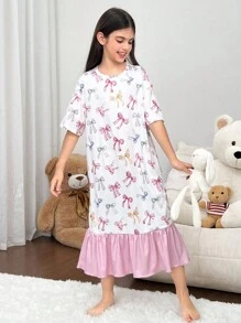 SHEIN 青少年女孩宽松休闲舒适圆领拼接撞色熊猫图案睡衣套装 - 黑色 - 查看 4