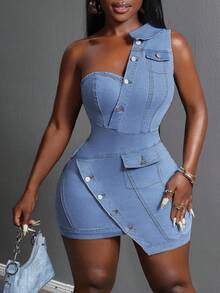 Slaydiva Plus Size Women's Asymmetrical Design Short Denim Dress - Medium Wash - View 6