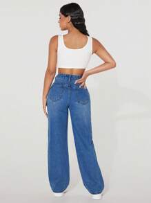 SHEIN PETITE Women's High Waist Pockets Distressed Wide Leg Loose Casual Versatile Denim Jeans - Blue - View 2