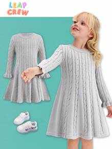 SHEIN Young Girl Loose Casual Minimalist Comfortable Round Neck Long Sleeve Sweater Dress,In Fall/Winter - Grey - View 1