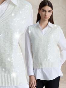 Briarwyn 女式闪光针织上衣，夏季时尚，秋季女装，返校服装，复古服装，女士办公室服装，全白闪光亮片 - 米色 - 查看 6