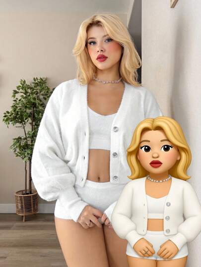 Sweetina Fall Women White Knit Sweater Casual Solid Color Long Sleeve Cardigan