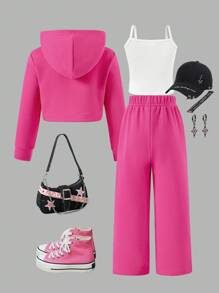 女童连帽卫衣，内置吊带背心，搭配阔腿裤，时尚百搭，简约风格 - 粉色 - 查看 2