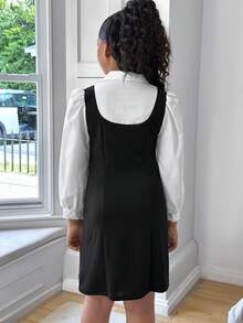 Tween Girls Elegant Urban Commute French School Girl Style Black & White Patchwork 2 In 1 Shirt Collar Puff Sleeve Long Sleeve Bow Decor Waist Cinched Dress