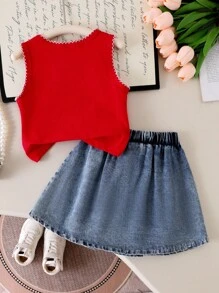Genkimix Kids 2pcs Young Girls Cute Round Neck Knitted Cherry Embroidered Sleeveless Top And Denim Pleated Embroidered Denim Skirt Set, Sweet And Lovely Summer Outfit Cherry Kids Outfit Girls Skirts Sets Denim Sets For Girls Children S Jeans Skirt Set Kids Skirt And Top Fall Winter - Red - View 2