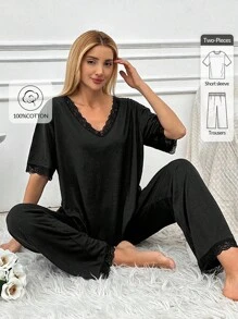 EURMUSE Cotton 2pcs/Set Women's Lace Detail Homewear Pajama Set - Black - View 1