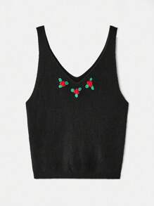 lacRébo Top de punto acanalado negro con bordado de rosa, top para regreso a clases, top de vacaciones, top de otoño, ropa de mujer de otoño e invierno - Negro - Ver 5