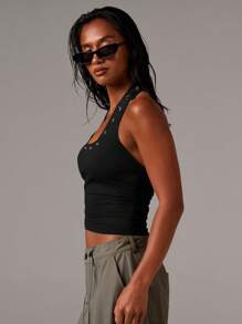 Athîral Women's Halterneck Stud Hardwear Eyelet Jersey Top - Black - View 6