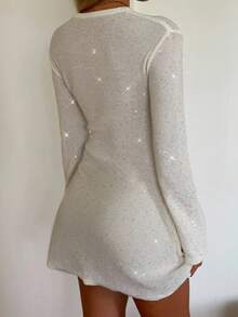 SHEIN EZwear 女士纯色亮片圆领长袖时尚针织连衣裙 - 米色 - 查看 2