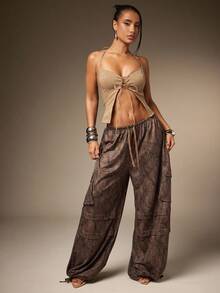 Hauture Women's Sexy Casual Solid Color Front Lace-Up Front Tie Camisole Top For Summer - Khaki - View 4