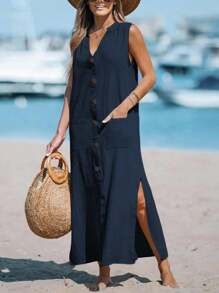 SHEIN LUNE Đầm Maxi Không Tay Cổ Chữ V, Cài Nút, Túi, Xẻ Tà, Trang Phục Nữ - Màu xanh hải quân - Xem 3