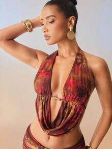 Hauture 女士性感抽象动物印花垂坠领露背短款上衣，金色装饰 - 彩色 - 查看 4