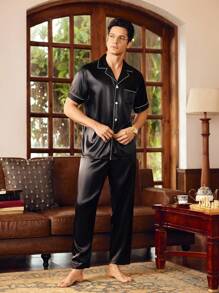 SHEIN Men Leisure Comfortable Simple Loose Top & Pants Home Clothing Set - Black - View 6