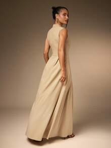 Hauture Vestido maxi de salida con cremallera frontal, sexy, de tela elástica y plisada para mujer - Caqui - Ver 5