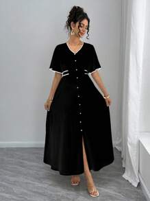 Momance Elegant Maternity Dress With Contrast Trim, Summer - Black - View 3