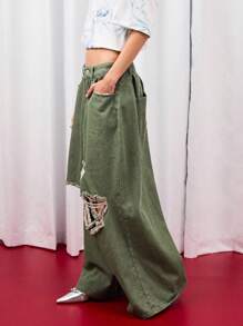 COUREZ 低腰宽松灯笼裤，卡其色水洗做旧款 / Y2K 低腰牛仔裤，秋季女装，秋季外出穿搭，低腰牛仔裤 - 軍綠色 - 查看 5