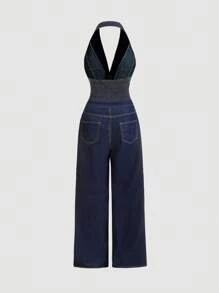 SHEIN MOD MOD Women's Halter Neck Backless Denim Jumpsuit