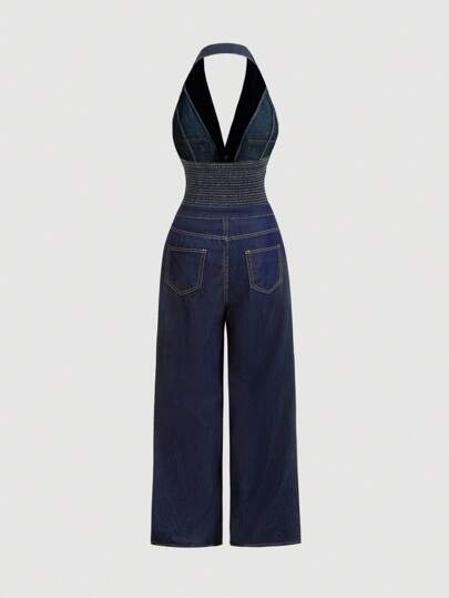 SHEIN MOD MOD 女式露背挂脖牛仔连体裤