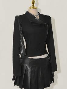 SHEIN ICON Women's Double Layer Collar Fitted Jacket Black Zip Up Jacket In Fall/Winter - Black - View 8