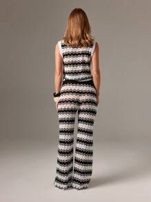 AiiRZ Knitted Wave Pattern Co-Ord Set Sleeveless Open Front Vest Wide Leg Pants Summer Resort Vacation Beach Pool Boho Bohemian Holiday Festival Fashion