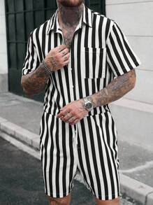 Manfinity Homme Men's Striped Print Patch Pocket Front Button Elegant Short Sleeve Jumpsuit, Men's Simple Solid Color Double-Breasted Sleeveless Jumpsuit, Summer - Black and White - View 4