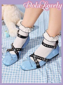 Dola Lovely 女士缎面蓝色交叉金属扣芭蕾平底鞋，优雅甜美大码女士春季鞋 - 藍色 - 查看 4