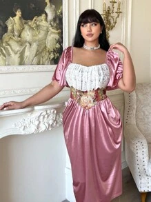 Lyrianda Vestido de cintura con estampado floral romántico vintage patchwork