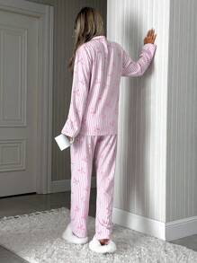 SHEIN PETITE PETITE SIZE Women 2 Pcs Button Front With Striped&Bot Pattern Homewear Cute Pajama Set