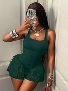 BamGleam 女式夏季休闲纯色荷叶边下摆无袖连体衣