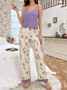 CottageSlumber 纯色 V 领吊带背心和花卉印花裤睡衣套装睡衣套装假日季节丰富的花卉华丽舒适优雅的细节 - 彩色 - 查看 3