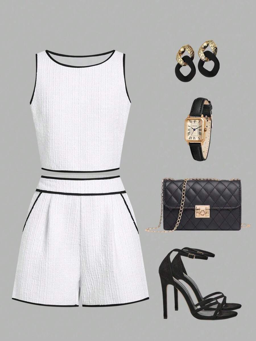 Ellevyn 2pcs/Set Women Contrast Trim Round Neck Camisole And Shorts Set Teacher Outfits For Women  Fall Women Clothes  Business Casual Woman Business Casual  Work/Office White Teacher Outfits For Women  Two Piece Set Women