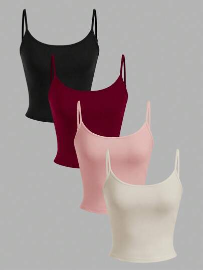 SHEIN EZwear 4 قطع من الخزانات القصيرة المحكمة الملائمة للنساء، باللون الأسود والبرغندي والعاري والمشمش، مناسبة للصيف