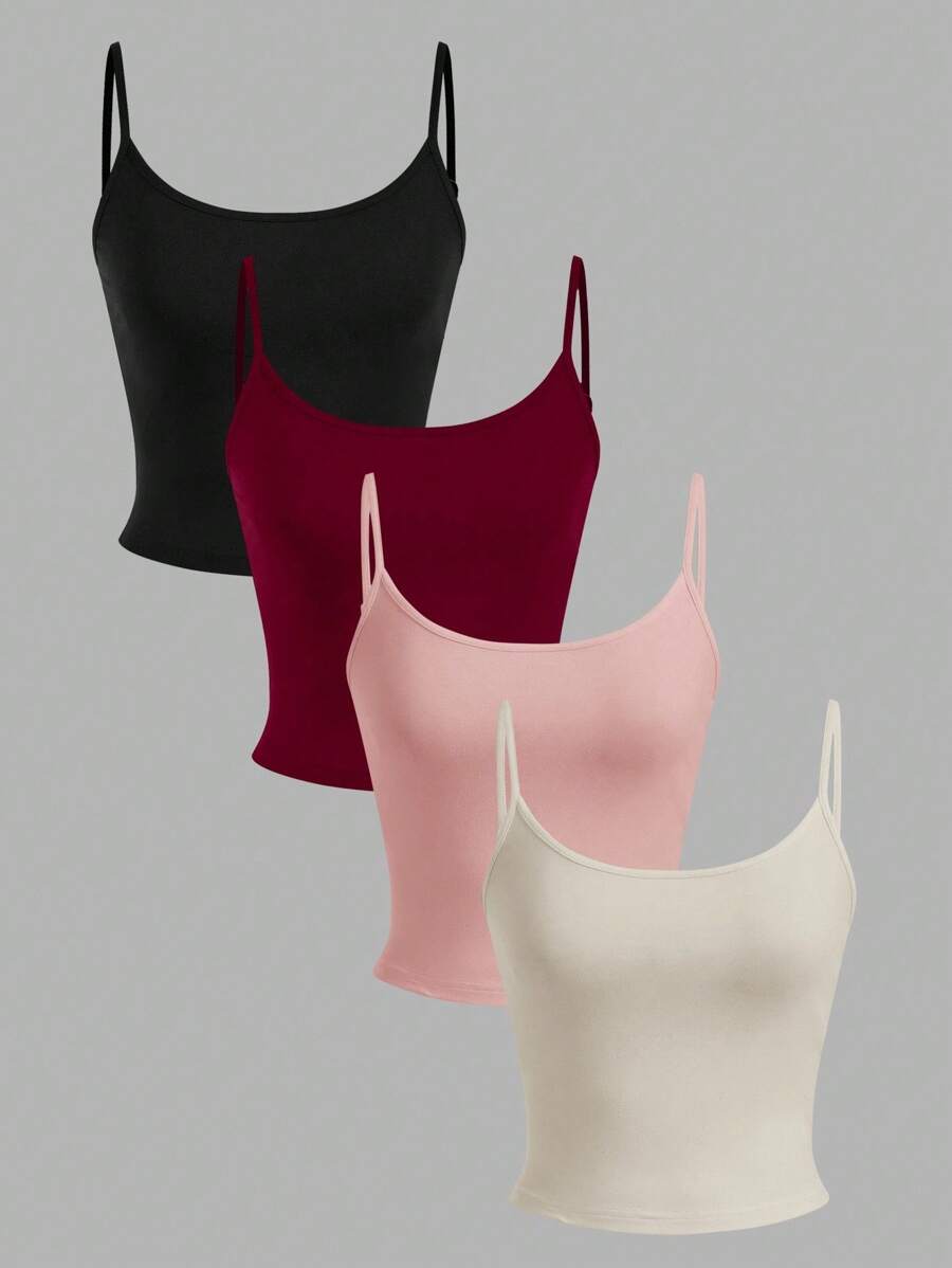 SHEIN EZwear 4pcs Women's Tight Fitted Cropped Casual Tank Tops, Black, Burgundy, Nude, Apricot, Suitable For Summer - Multicolor - View 1