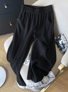 SHEIN 女式宽松直筒裤，蕾丝边下摆 - 黑色 - 查看 3