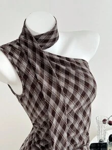 Elamini 休闲复古钻石设计挂脖背心 - 咖啡棕 - 查看 3