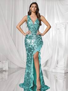 Coutiva Vestido de noche formal para mujer (muy adornado) - Verde - Ver 3