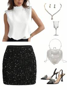 Ellevyn Sexy Glitter Solid Color Bodycon Skirt For Party