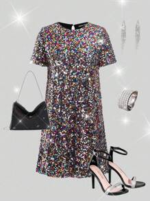 Ellevyn Sequin Keyhole Back Tunic Dress Prom Dress Date Night Dress