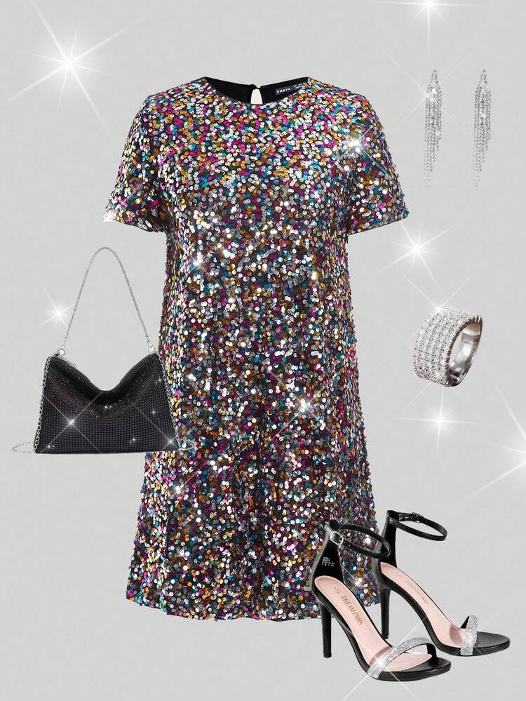 Valentine's Day Sequin Keyhole Back Tunic Dress Prom Dress Date Night Dress