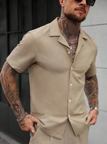 Manfinity Homme 男士夏季纯色翻领短袖单排扣休闲衬衫 - 卡其色 - 查看 5
