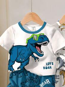 SHEIN 2 件套男婴休闲简约圆领短袖 T 恤和短裤套装，适合夏季 - 彩色 - 查看 3